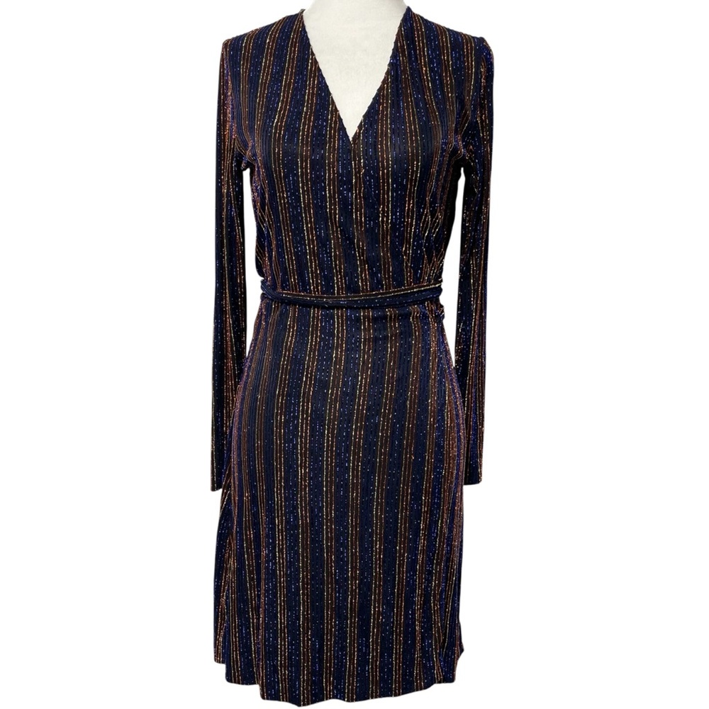 & Other Stories Glitter Stripe Long Sleeve Wrap Dress Blue Brown Gold Size 4